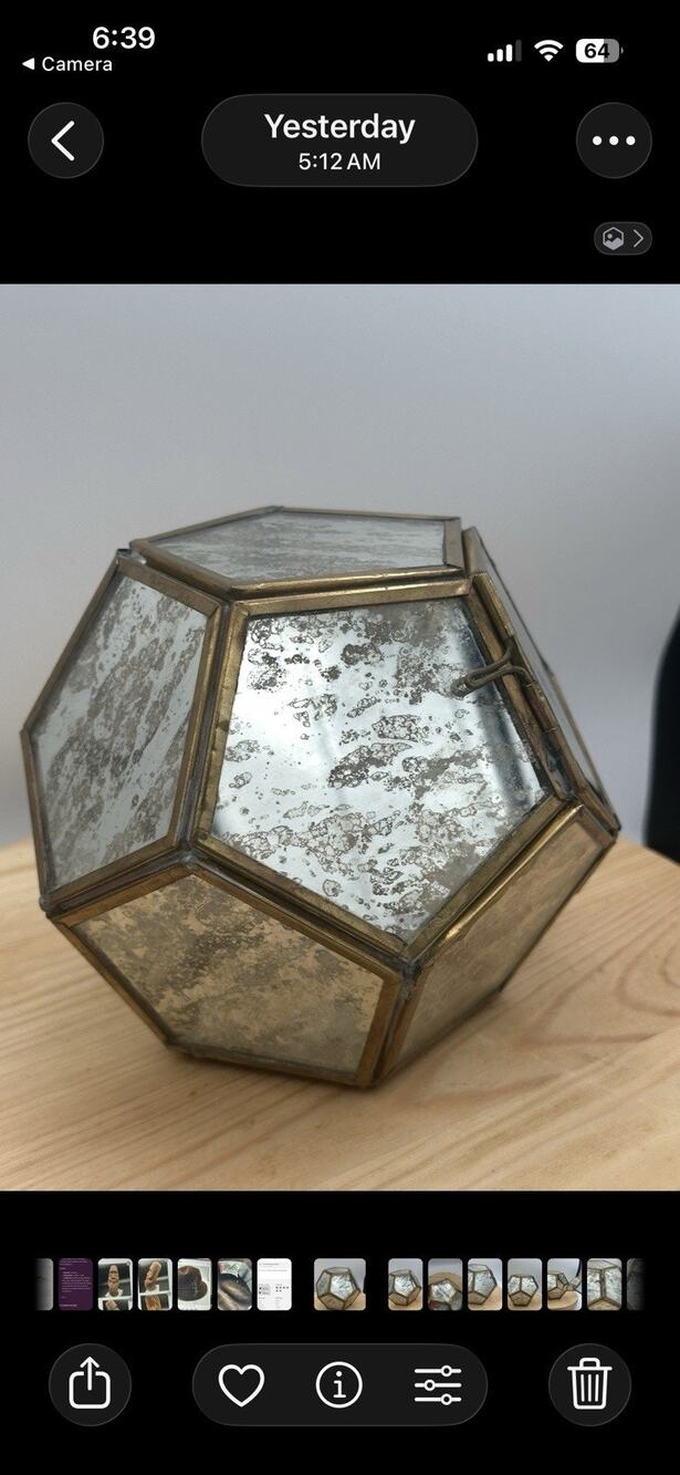 Vintage brass & Glass geometric dodecahedron box Distressed Mercury glass 5”